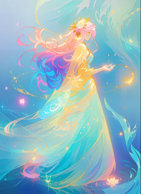 beautiful girl in flowing ballgown, flowing long hair, multi-layered ballgown, intricately detailed dress, colorful lights, pastel colors, magical, whimsical, sparkling, inspired by Glen Keane, inspired by Lois van Baarle, disney art style, by Lois van Baa...