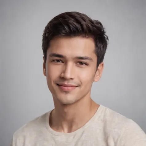 (photo: 1.3) af (realism: 1.3), (Hispanic), Latino man profile, (frontal close-up), soft light, clear face, happy, cheerful, warm light, white T-shirt, (off-white background), (blank background), ((gray wall background)) avatar, (short hair), smile, handso...