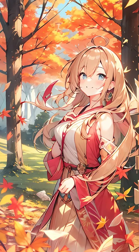 masutepiece, Best Quality,Illustration, Wallpaper, ultra -detail, Absurd beauty, 1beautiful girl、Bright hair color、Glitter and big eyes、Hair fluttering in the wind、ample breasts、♡、Smaller head、Autumn landscape、miscievous smile