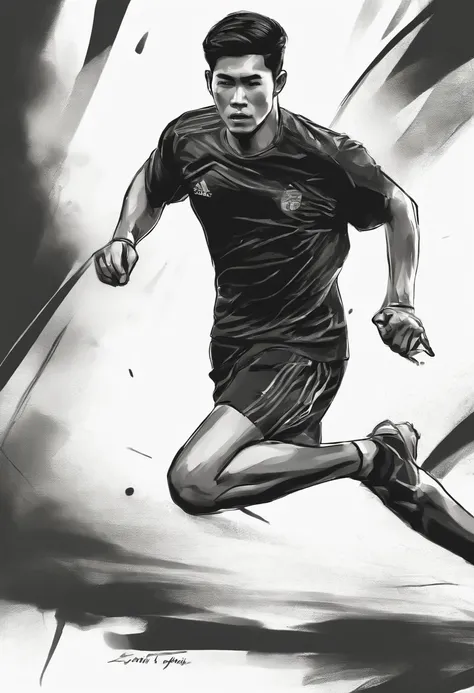 Sketch of rough coal without background,Chinese handsome，Running stance,Black sports short sleeves，Black sports shorts，Side full body sketch，Clean line art,+Expressive lines,In the expressive sketch painting style, hatching, Black and white sketch, handpai...