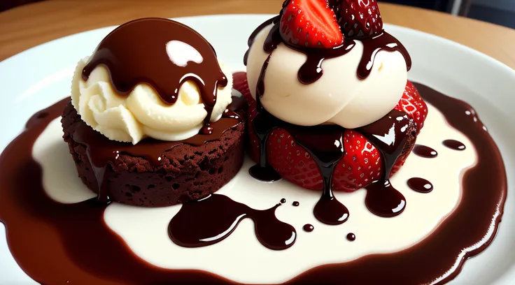 brownie with ice cream, chocolate sauce, strawberries on top