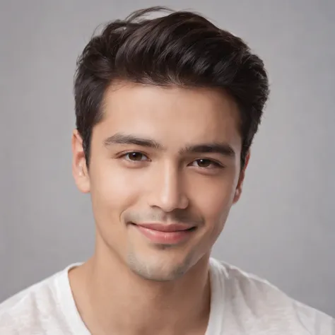 (photo: 1.3) af (realism: 1.3), (Hispanic), Latino man profile, (frontal close-up), soft light, clear face, happy, cheerful, warm light, white T-shirt, (off-white background), (blank background), ((gray wall background)) avatar, (short hair), smile, handso...