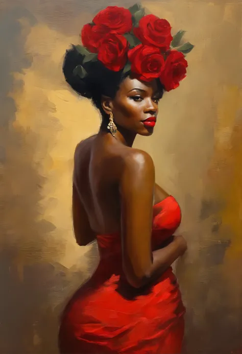 Beautiful woman holding a red rose flower and wearing yellow dress, gold jewelry, (((big boobs))), (((cleavage))), vestido ornamentado vermelho,  mulhee negra africana, mulher vermelha bonita, usando um vestido africano, beleza estonteante, mulher deslumbr...