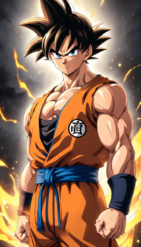 Goku Dragon Ball Super , full body, (((super strong, muscular, abs, bodybuilder))) colored, illustration, soft lighting, soft details, painting oil on canvas, octane render, HDR, trending on artstation, 4k, 8k, HD