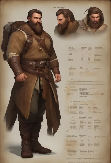 1man, Matching Outfits, (Fantasy Character Sheet, Front, Back, Side, Rear), dwarf, burly, weathered face, thick beard. Sunken brown eyes, Wise and resistant expression. Muscular build, Compact height. Practical clothing in the wild, sturdy backpack, essent...