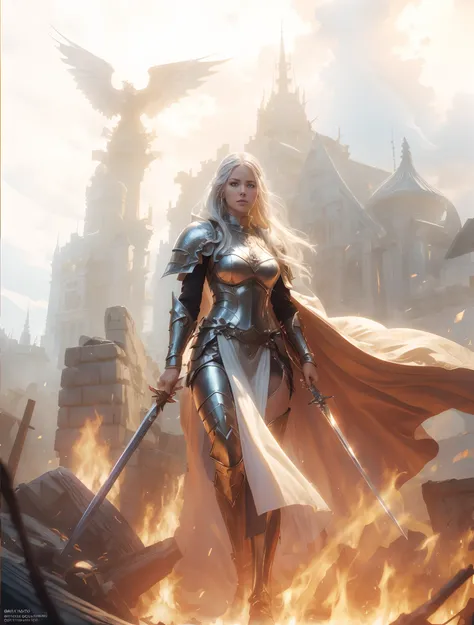 a woman with a sword in her left hand and a sword in her right hand walking through a fire, fantasy paladin woman, a beautiful silver white haired female knight, graphic artist magali villeneuve, gorgeous female paladin with a menacing intimidating face, h...