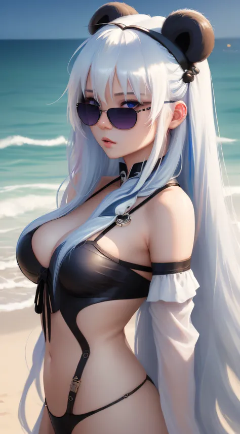 solo, (((masterpiece, best quality))) ,  (from side:0.95), shadow_lee, Li Dousha, panda_ears, bangs, bare_shoulders, blue_eyes, eyewear_on_head, hair_between_eyes, long_hair,  sunglasses, very_long_hair, 1girl, [white hair, streaked hair, blue hair],