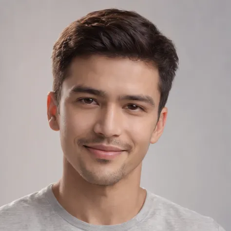 (photo: 1.3) af (realism: 1.3), (Hispanic), Latino man profile, (frontal close-up), soft light, clear face, happy, cheerful, warm light, white T-shirt, (off-white background), (blank background), ((gray wall background)) avatar, (short hair), smile, handso...