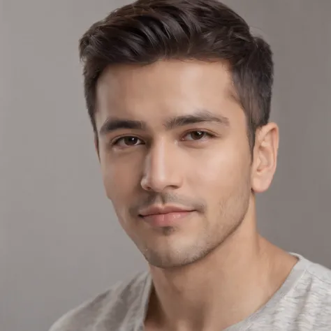 (photo: 1.3) af (realism: 1.3), (Hispanic), Latino man profile, (frontal close-up), soft light, clear face, happy, cheerful, warm light, white T-shirt, (off-white background), (blank background), ((gray wall background)) avatar, (short hair), smile, handso...