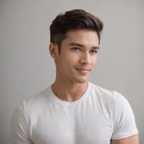 (photo: 1.3) af (realism: 1.3), (Hispanic), Latino man profile, (frontal close-up), soft light, clear face, happy, cheerful, warm light, white T-shirt, (off-white background), (blank background), ((gray wall background)) avatar, (short hair), smile, handso...