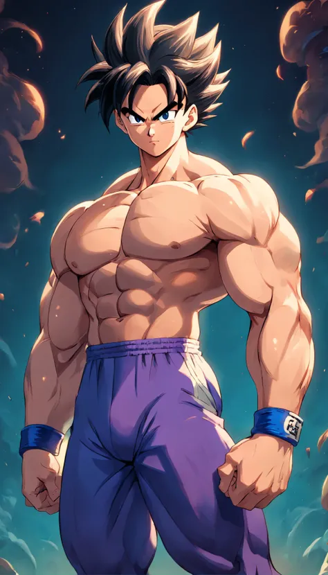 Gohan  Dragon Ball Super , full body, (((super strong, muscular, abs, bodybuilder))) colored, illustration, soft lighting, soft details, painting oil on canvas, octane render, HDR, trending on artstation, 4k, 8k, HD