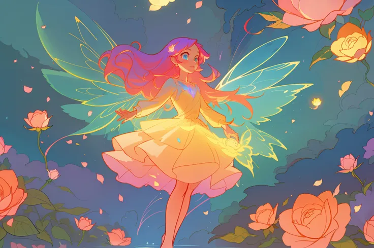 beautiful girl in flowing layered puff long sleeve ballgown, flower fairy, dress that looks like a flower or rose, rose, colorful flowers, inspired by Glen Keane, inspired by Lois van Baarle, disney art style, by Lois van Baarle, glowing aura around her, b...