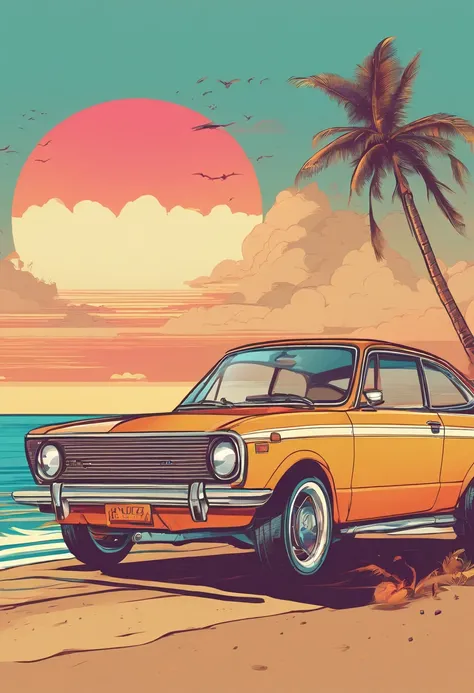 T-shirt design graphic art, Flat design of a retro vintage, praia, Tons coloridos, limpeza altamente detalhada, imagem vetorial, Obra-prima fotorrealista, fotografia profissional, carro honda civic 2005 realista, Simple sunrise setup on the beach, fundo br...