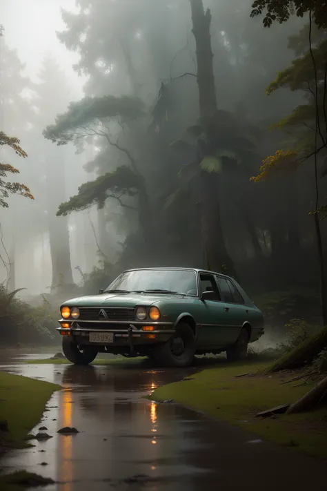 (La mejor calidad, Altas Resoluciones:1.2),lluvioso,Edificios antiguos en la distancia,Classic car abandoned in a deep forest,coche detallado,exterior de coche ricamente texturizado,Lluvia goteante sobre el coche,moist soil,Edificios de madera desgastados,...