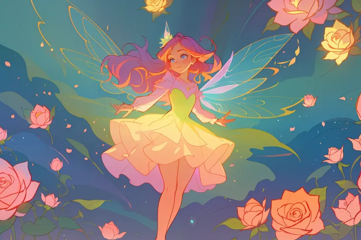 beautiful girl in flowing layered puff long sleeve ballgown, flower fairy, dress that looks like a flower or rose, rose, colorful flowers, inspired by Glen Keane, inspired by Lois van Baarle, disney art style, by Lois van Baarle, glowing aura around her, b...