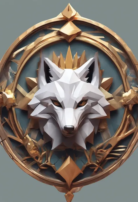 Game medallion with metal fox head in foreground with crown，Primer plano de la cabeza del zorro，Estilo de arte Hearthstone, Arte de estilo Hearthstone, Arte conceptual de Hearthstone, Arte conceptual del juego Riot, Estilo de League of Legends, Iconic Char...