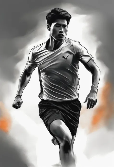 Line sketch silhouette sketch,Chinese handsome，Running stance,Black sports short sleeves，Black sports shorts，Full body sketches on the sides and back，Clean line art,+Expressive lines,In the expressive sketch painting style, hatching, Black and white sketch...