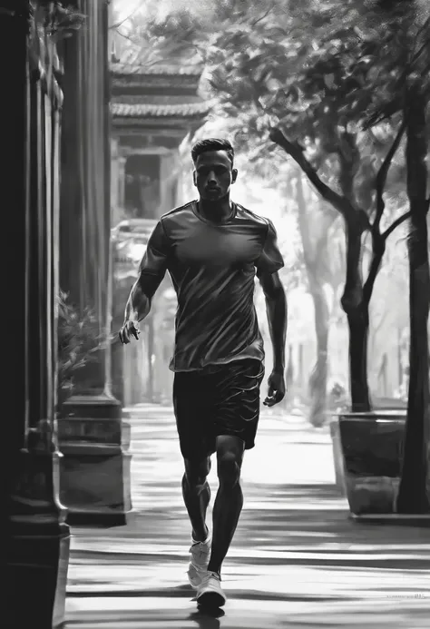 Line sketch silhouette sketch,Chinese handsome，Running stance,Black sports short sleeves，Black sports shorts，Full body sketches on the sides and back，Clean line art,+Expressive lines,In the expressive sketch painting style, hatching, Black and white sketch...