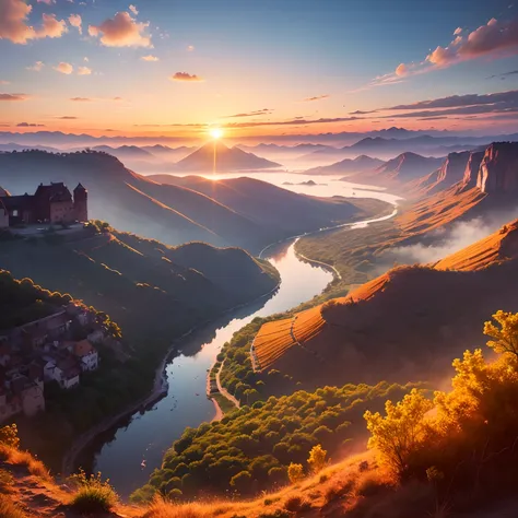 ((Good morning)) Sunrise, village, Amazing view, 8k, UHD,