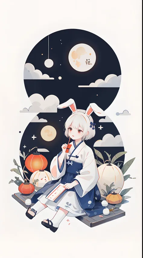 （A rabbit：1.4）, sat on the ground, Looking up, （（Mid-Autumn Festival atmosphere，sweet osmanthus，Kongming Lantern，Meniscus，Moon cake）），（Chinese kanji：1.3），Traditional Chinese illustration style, Digital art, Simple background, Masterpiece on white backgroun...