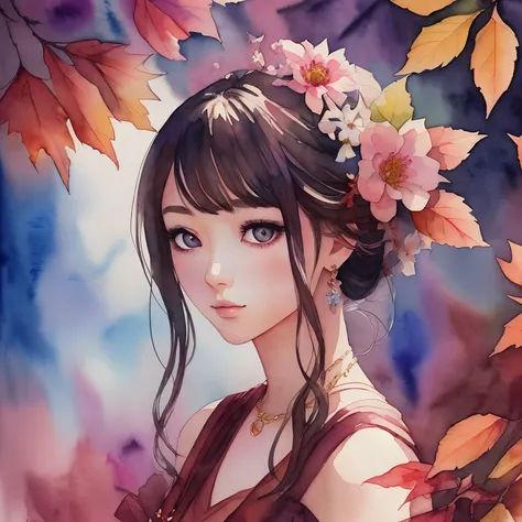 (Best Quality), (Masterpiece: 1.2), (Colorful: 0.9), (Ink Splash), (Color Splash), ((Watercolor)), Sharp Focus, (Portrait Summer Goddess: 1.5), Cute Look, Elegant Maroon Haircut, Beautiful and Detailed Face and Eyes, Elegant Goddess Clothes, Autumn Forest ...