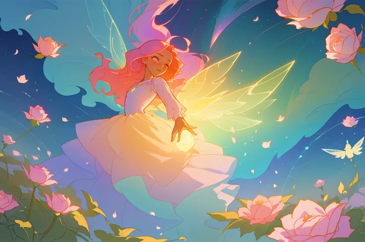 beautiful girl in flowing layered puff long sleeve ballgown, flower fairy, dress that looks like a flower or rose, rose, colorful flowers, inspired by Glen Keane, inspired by Lois van Baarle, disney art style, by Lois van Baarle, glowing aura around her, b...