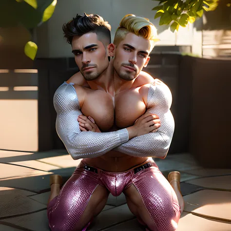 2heads,1man,(big bulge:1.5),Attractive finish man, soft facial features, no body hair, no facial hair, cleavage,  wearing right glittery shorts and tight glittery shirt, , professional makeup, outside in the sun, various sexy poses, various viewing angles,...