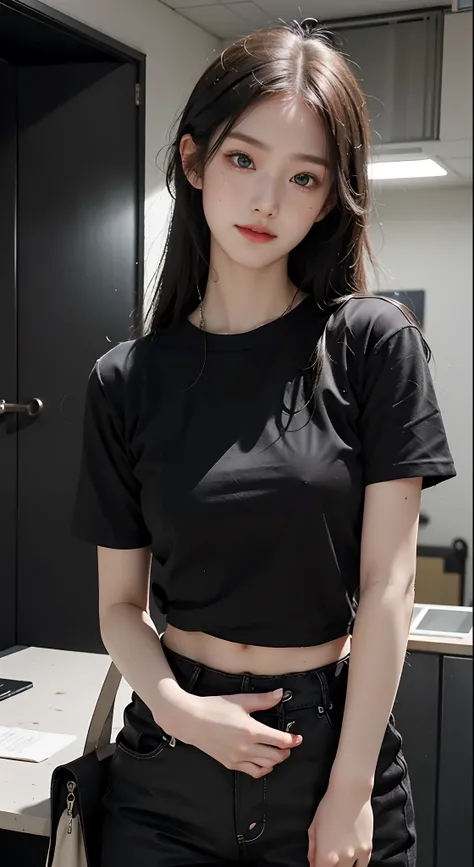 RAW photo, Dynamic Angle, Highly detailed, Soft light, 1girll, ((Sweaty):1.1), Pale skin, Korean, 14 years old, cold smile, Black shirt, Black pants, Long black hair, Bright red eyes, freckle, headtilt, When the elevator, Inside the elevator, 8K, Masterpie...