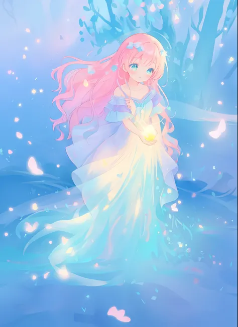 beautiful girl in layered ballgown, flowing long hair, multi-layered ballgown, intricately detailed dress, colorful lights, pastel colors, magical, whimsical, sparkling, inspired by Glen Keane, inspired by Lois van Baarle, disney art style, by Lois van Baa...