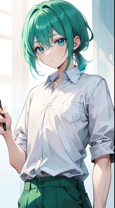 young boy, short turquoise hair, high ponytail, Green eyes, White beautiful shirt, pants, brushes, Masterpiece, hiquality, 4k, HD, Good detail