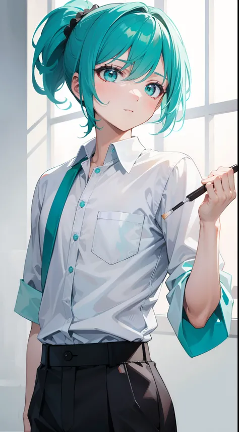 young boy, short turquoise hair, high ponytail, Green eyes, White beautiful shirt, pants, brushes, Masterpiece, hiquality, 4k, HD, Good detail