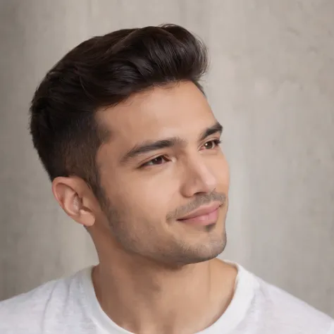 (photo: 1.3) af (realism: 1.3), (Hispanic), Latino man profile, (frontal close-up), soft light, clear face, happy, cheerful, warm light, white T-shirt, (off-white background), (blank background), ((gray wall background)) avatar, (short hair), smile, handso...