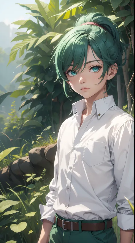 young boy, short turquoise hair, high ponytail, Green eyes, White beautiful shirt, pants, brushes, Masterpiece, hiquality, 4k, HD, Good detail