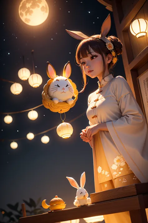 Mid-Autumn Festival,theres a bright moon in the sky,mooncake (esp. for the Mid-Autumn Festival),Two cute rabbits eating mooncakes,sweet osmanthus,Warm color, firefly, warm light,c4d,oc rendering,3D rendering ,medium shot, Full details,realistic details,hig...