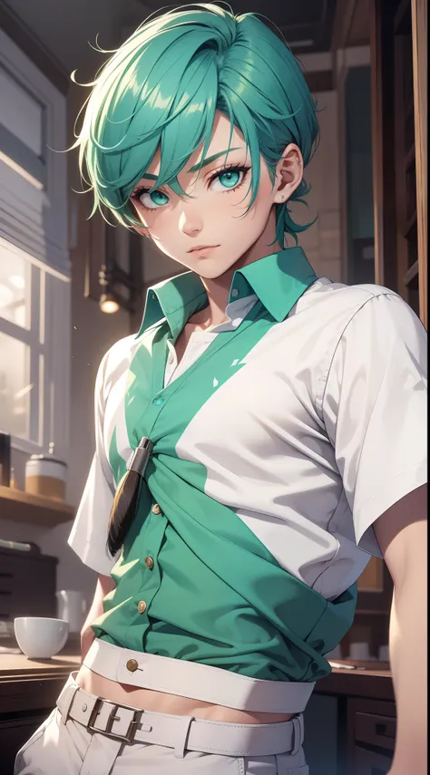 young boy, short turquoise hair, high ponytail, Green eyes, White beautiful shirt, pants, brushes, Masterpiece, hiquality, 4k, HD, Good detail