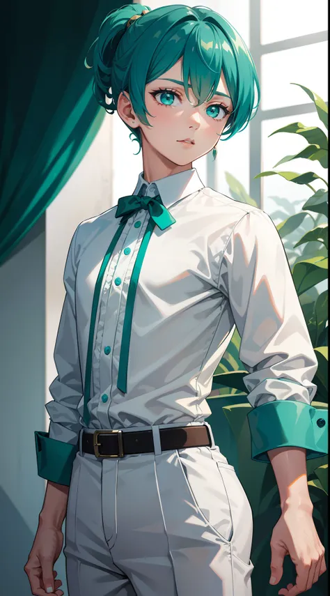 young boy, short turquoise hair, high ponytail, Green eyes, White beautiful shirt, pants, brushes, Masterpiece, hiquality, 4k, HD, Good detail