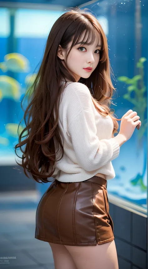 1girl in、Early 20s、(Super beautiful)、(ultra beautiful faces)、Wearing makeup、brown haired、(In front of the aquarium aquarium)、a miniskirt、Shallow depth of field