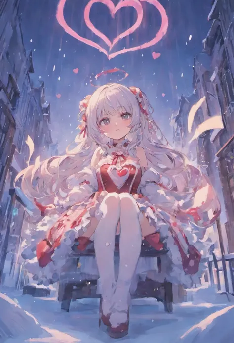 Lolita, long hair, cute, heart shaped pupils, solo, white hair, blushing, winter, snow, outdoors, white stockings, sitting on ass, close up, short skirt, legs spread