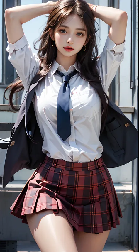 Photorealistic,  High resolution,  Soft light, 1womanl,  Solo,  hips up high,  Dynamic Pose,  glistning skin,  Jewelry,  School uniform, Skirt, Shirt