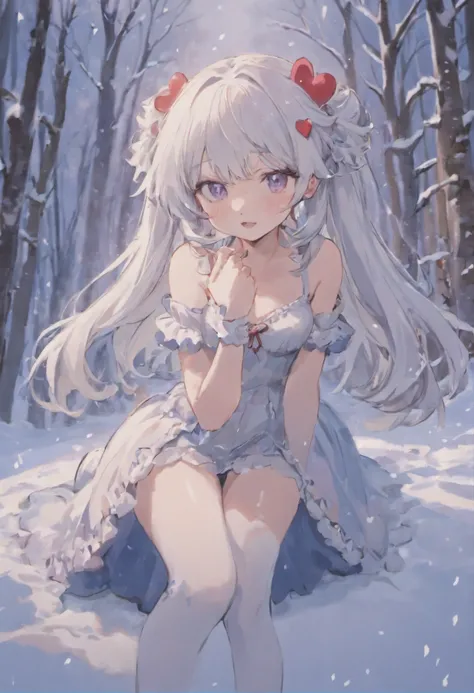 Lolita, long hair, cute, heart shaped pupils, solo, white hair, blushing, winter, snow, outdoors, not wearing bra, white stockings, sitting on ass, close up, short skirt, legs spread