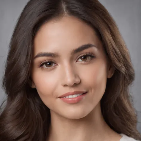 (Photo: 1.3) af (realism: 1.3), (Hispanic), Latina woman profile picture, (frontal close-up), soft light, clear face, happy, cheerful, warm light, white T-shirt, (off-white background), (blank background), ((gray wall background)) avatar, (long hair), smil...