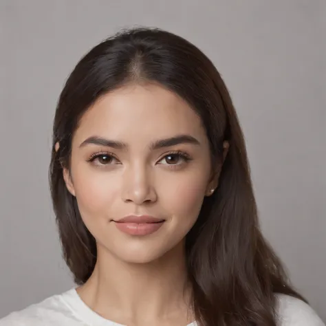 (Photo: 1.3) af (realism: 1.3), (Hispanic), Latina woman profile picture, (frontal close-up), soft light, clear face, happy, cheerful, warm light, white T-shirt, (off-white background), (blank background), ((gray wall background)) avatar, (long hair), smil...