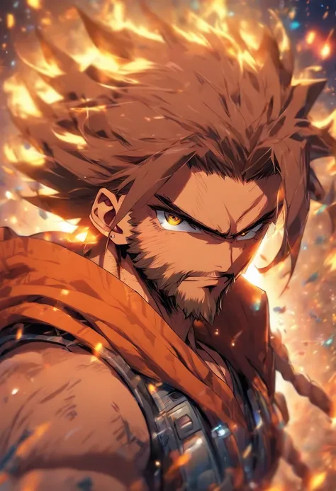 male with robotic arms wearing sleeveless hoodie, has brown eyes, brown ponytail, crackling energy, has light beard