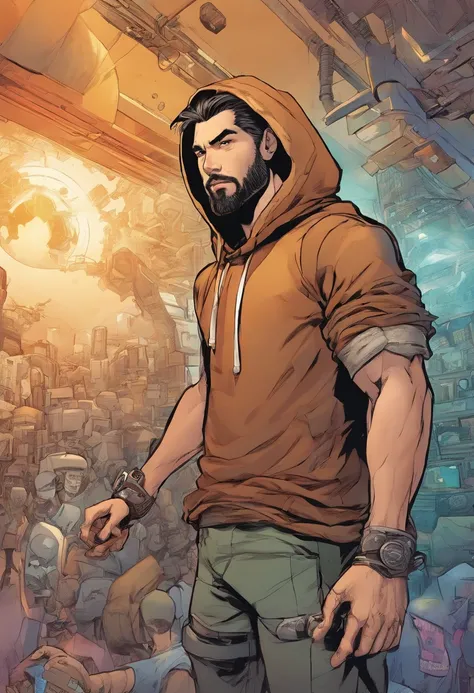 male with robotic arms wearing sleeveless hoodie, has brown eyes, brown ponytail, crackling energy, has light beard