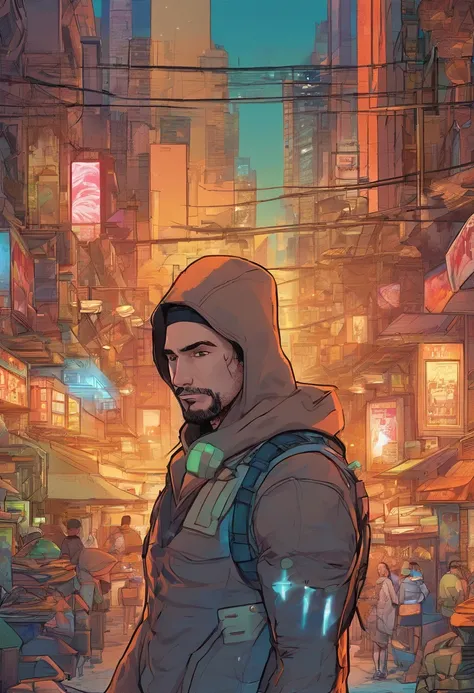 (best quality,highres,ultra-detailed,realistic:1.2), male with robotic arms wearing sleeveless hoodie, brown-eyed, brown ponytail, crackling energy, light beard, futuristic concept, vivid colors, glowing neon lights, impressive physique, powerful stance, c...