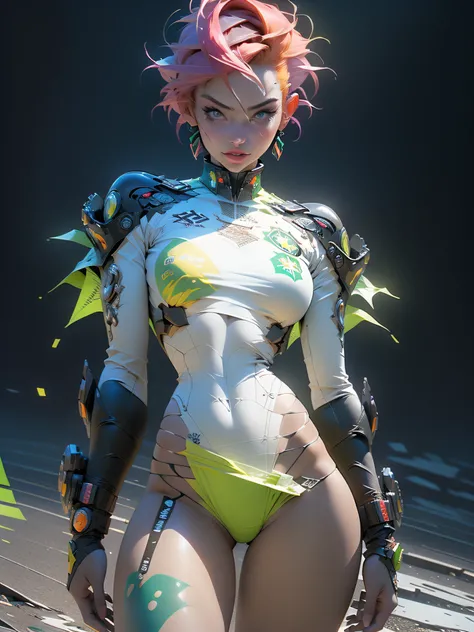 ((Best quality)), ((masterpiece)), (detailed: 1.4), woman defined body, full body, bare thighs, body parts covered by futuristic retro clothing with various stickers glued by the body, (((large breasts)) perfect, generous neckline, pastel, orange mohawk ha...