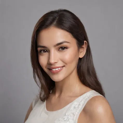 (Photo: 1.3) af (realism: 1.3), (Hispanic), Latina woman profile picture, (frontal close-up), soft light, clear face, happy, cheerful, warm light, white T-shirt, (off-white background), (blank background), ((gray wall background)) avatar, (long hair), smil...