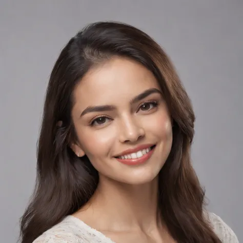 (Photo: 1.3) af (realism: 1.3), (Hispanic), Latina woman profile picture, (frontal close-up), soft light, clear face, happy, cheerful, warm light, white T-shirt, (off-white background), (blank background), ((gray wall background)) avatar, (long hair), smil...