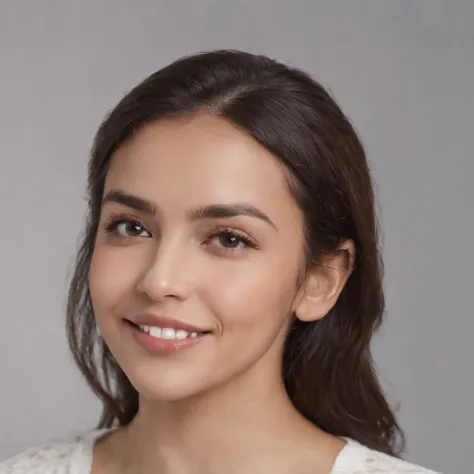 (Photo: 1.3) af (realism: 1.3), (Hispanic), Latina woman profile picture, (frontal close-up), soft light, clear face, happy, cheerful, warm light, white T-shirt, (off-white background), (blank background), ((gray wall background)) avatar, (long hair), smil...