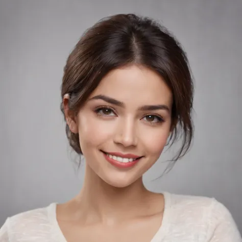 (Photo: 1.3) af (realism: 1.3), (Hispanic), Latina woman profile picture, (frontal close-up), soft light, clear face, happy, cheerful, warm light, white T-shirt, (off-white background), (blank background), ((gray wall background)) avatar, (short hair), smi...